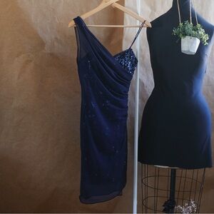 โจOne-Shoulder Navy Blue Sequin Mini Dress | Size 1/2 Party Cocktail